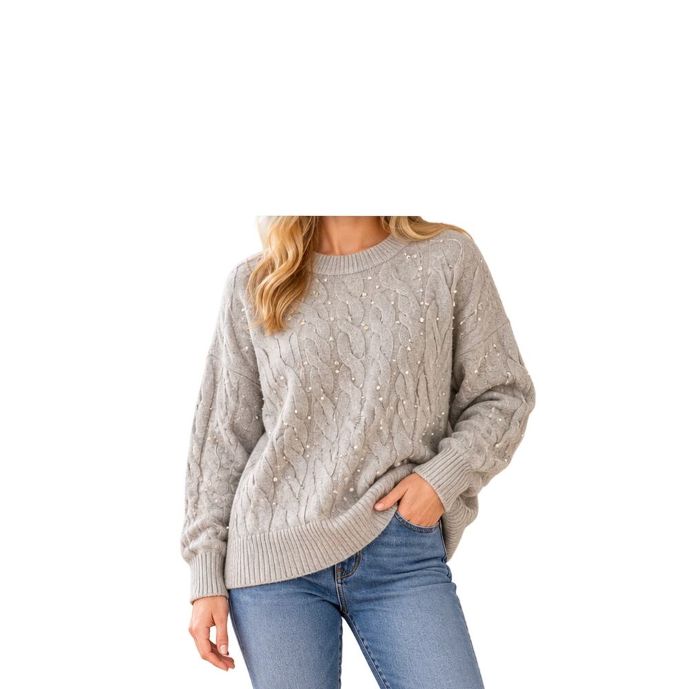 Aerie Sweater Womens Size M Gray Crew Neck Pullover Soft Knit Pearl Detail Relax
